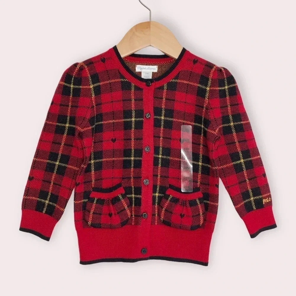 NWT Ralph Lauren Christmas sweater red tartan plaid cardigan 100% wool 24 months